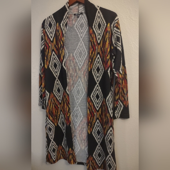 Yak & Yeti Open Cardigan Sweater Black Geometric Diamond S/M Nepal - Picture 3 of 11